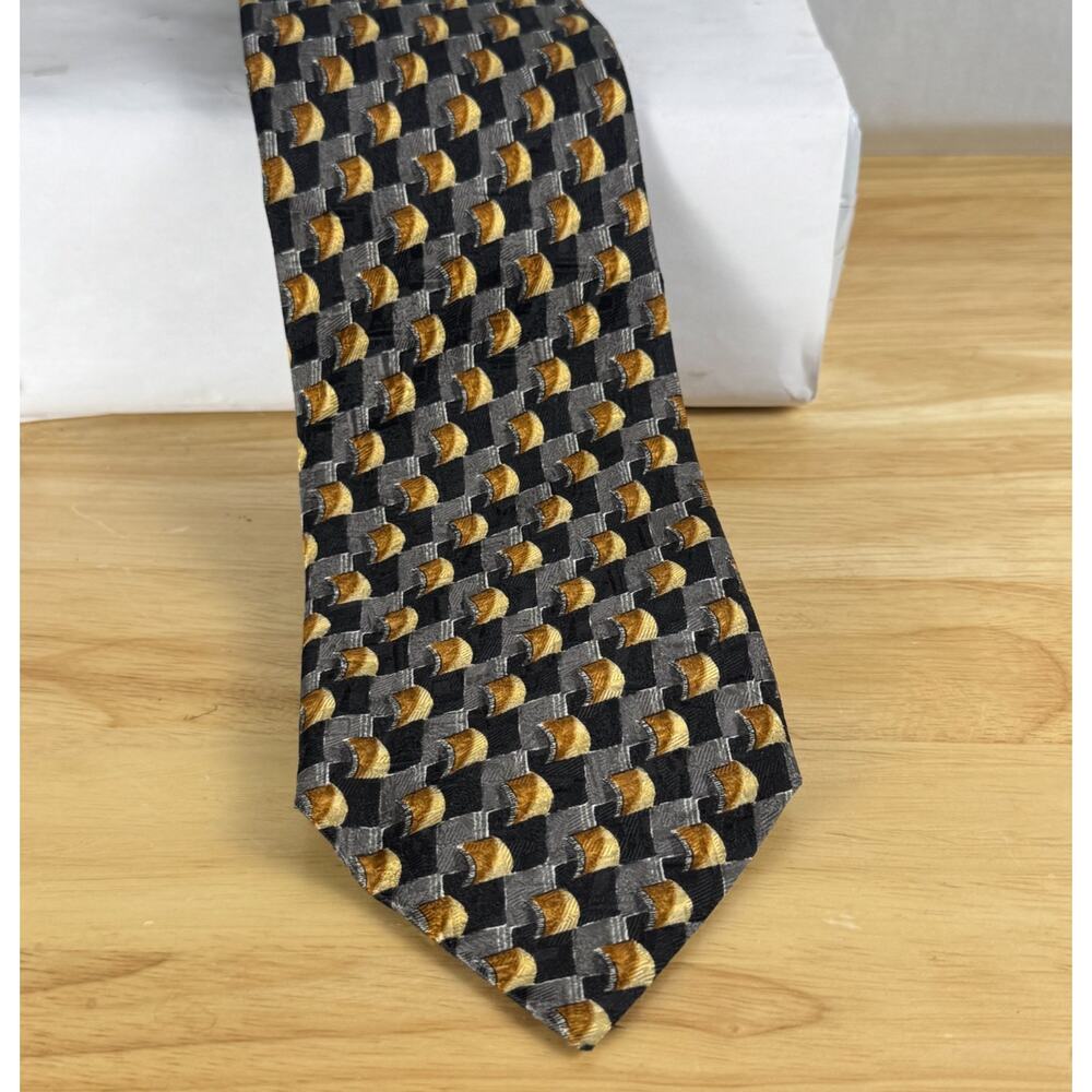 Ermenegildo Zegna Neck Tie Silk Black Gold Geometric Designer Made In Italy